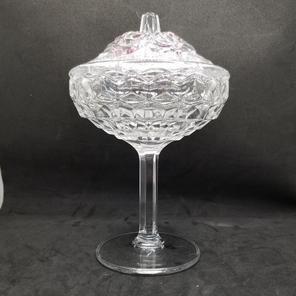 Crystal footed candy dish geometric with cover adorned with pink roses vintage